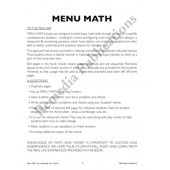 Menu Math: The Hamburger Hut (+, -)