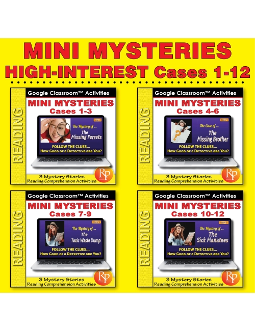 12 Mini Mysteries & Scaffolded Reading Activities (Cases 1-12) Google Classroom Set