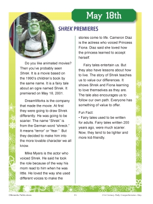 May 18: Shrek Reading Comprehension - Non Fiction - Main Idea - Activities May 18: Shrek Reading Comprehension - Non Fiction - Main Idea - Activities