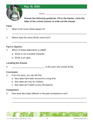 May 18: Shrek Reading Comprehension - Non Fiction - Main Idea - Activities May 18: Shrek Reading Comprehension - Non Fiction - Main Idea - Activities