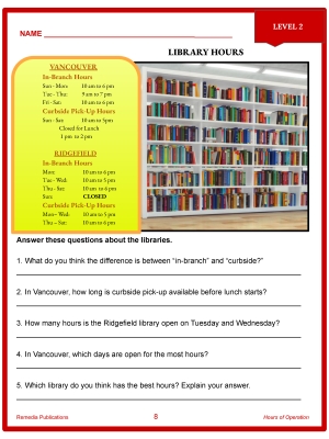 Daily Life Skills: Reading Signs & Hours of Operation - PDF Levels 1 & 2 Daily Life Skills: Reading Signs & Hours of Operation - PDF Levels 1 & 2